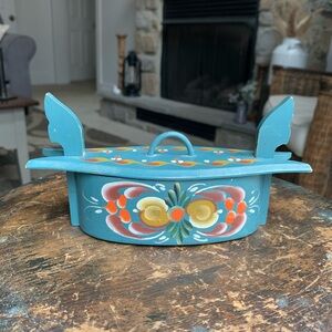 Norweigen Rosemaling Design Bent Wood Box Handpainted Blue Unique Norway 7.25”